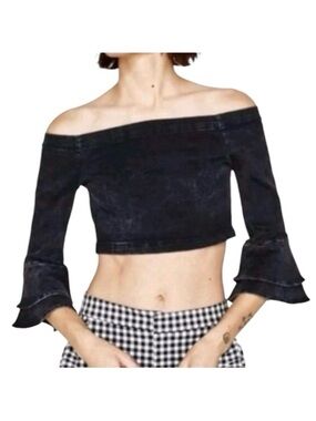ZARA The Ruffle Blouse Off the shoulders Denim Bell sleeve Pullover Size Medium